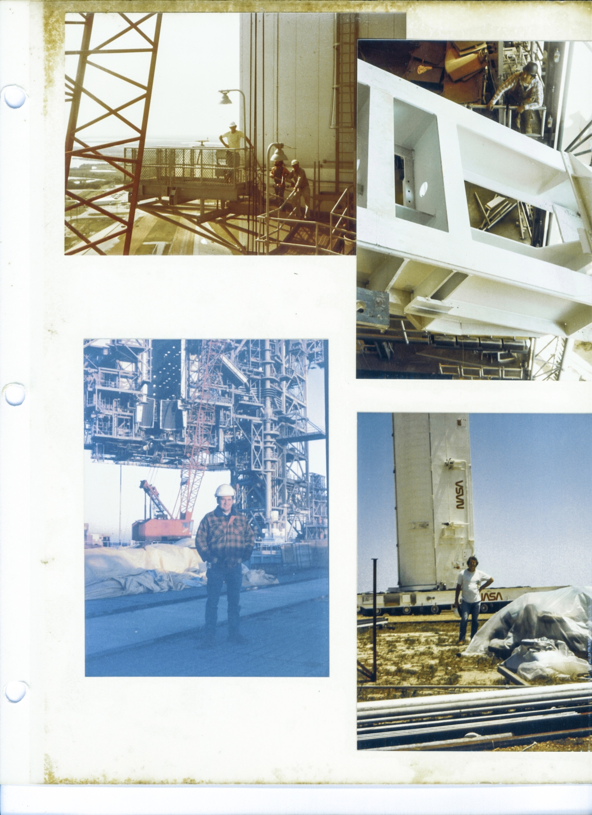 James MacLaren in yellow shirt, poses for the camera while standing on the left SRB Access Platform, and again, on a different day, in a different shirt, on the pad slope, in front of the Payload Canister on its transporter. Dave Skinner watches over the insertion of the PGHM Bridge Beam into the cramped confines of the Payload Changeout Room. Steve Skinner takes a momentary break from his duties to pose, standing in front of the RSS at Launch Complex 39-B, Kennedy Space Center, Florida. 